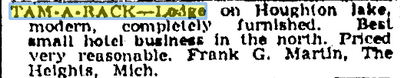 Tam-A-Rac Lodge (Tam-A-Rac Lounge, Tam-A-Rack) - May 02 1937 Ad